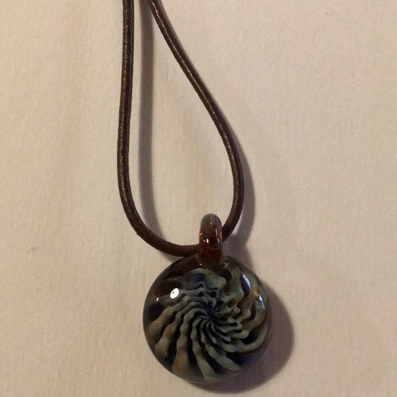 Blue and White Glass necklace on Brown Cord - Picture 5 of 10